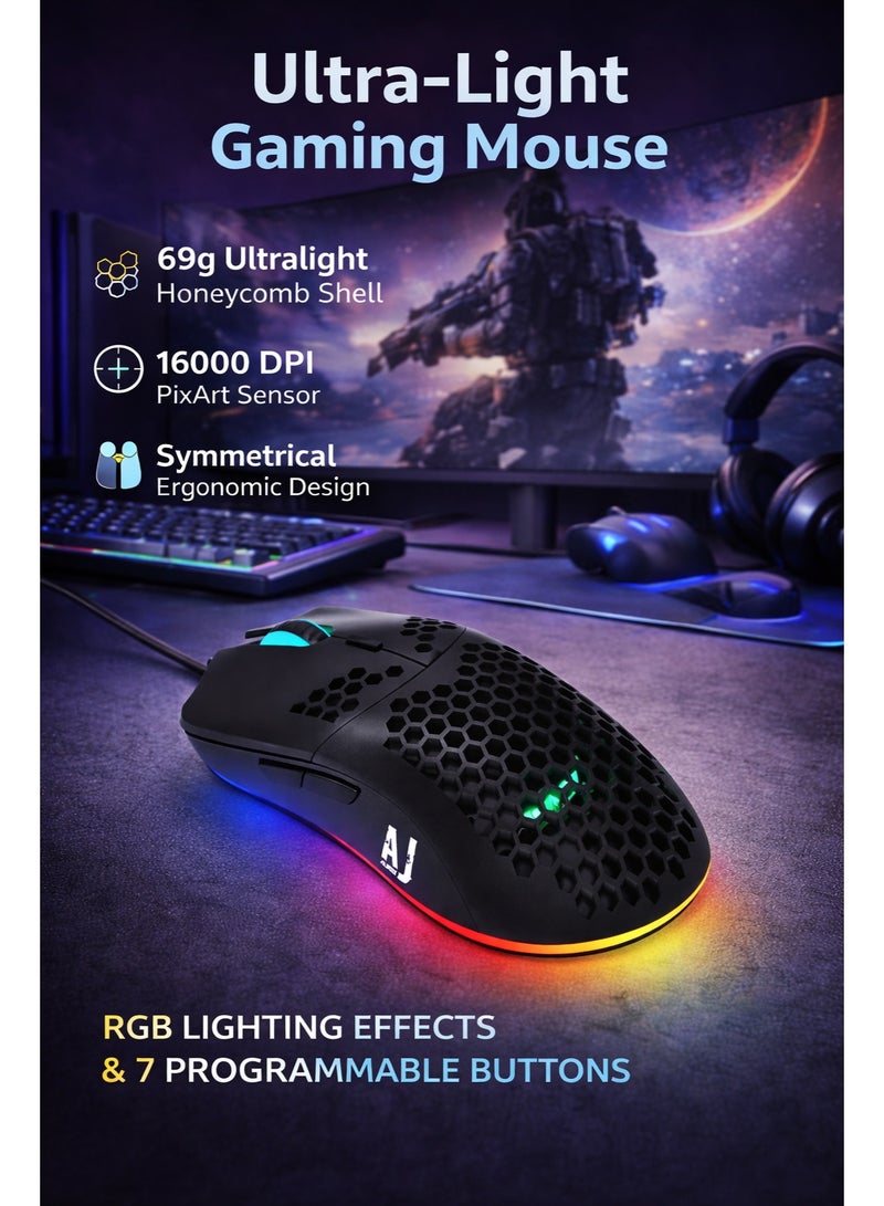 A-jazz ماوس الألعاب الفائق الخفة AJAZZ AJ390، 16000 DPI، ماوس سلكي بتصميم خلية النحل، 69 جرام، مستشعر PAW3338، 7 أزرار قابلة للبرمجة - Image 1